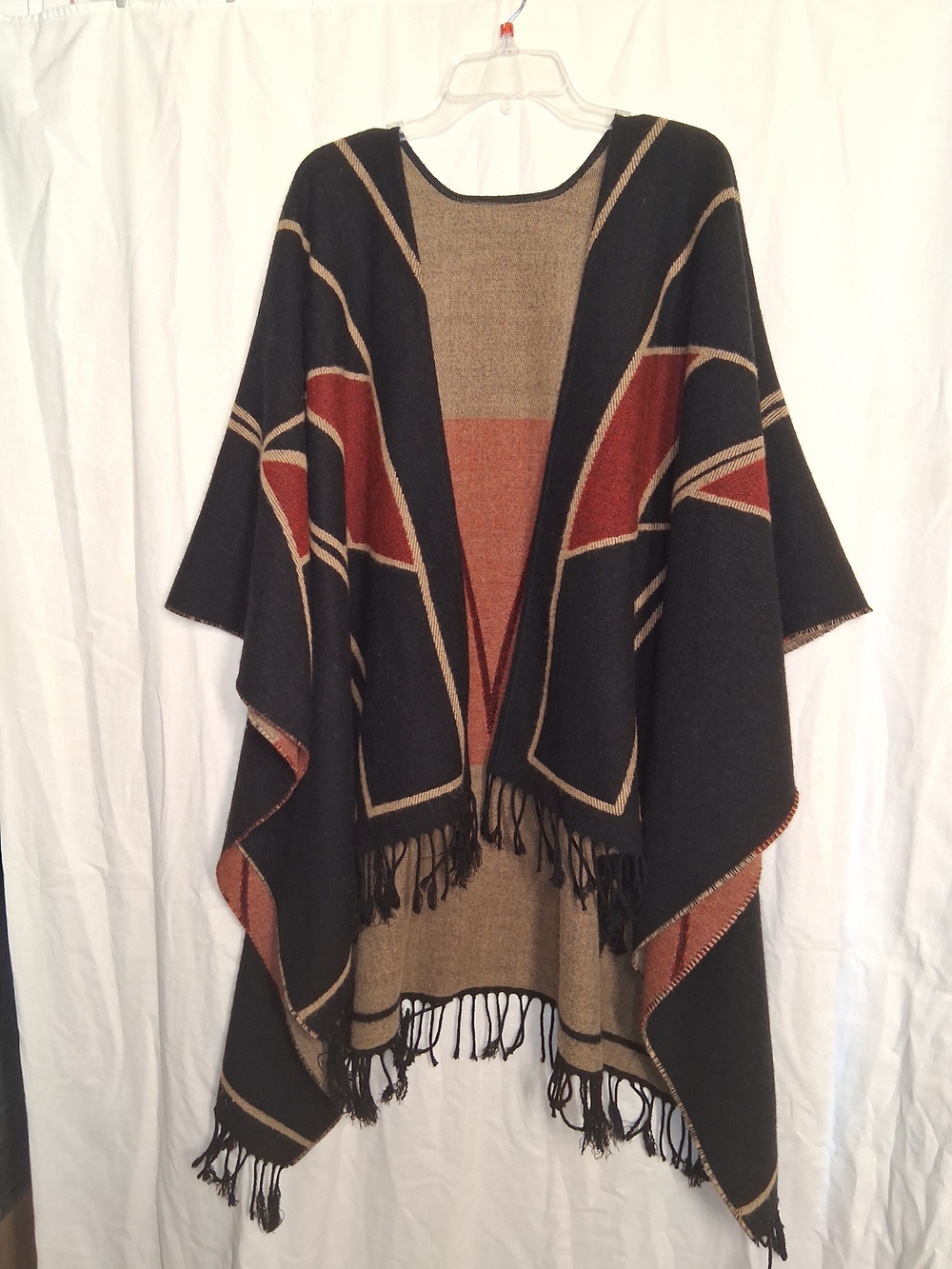 Black, Brown & Rust Geometric Fringe Poncho